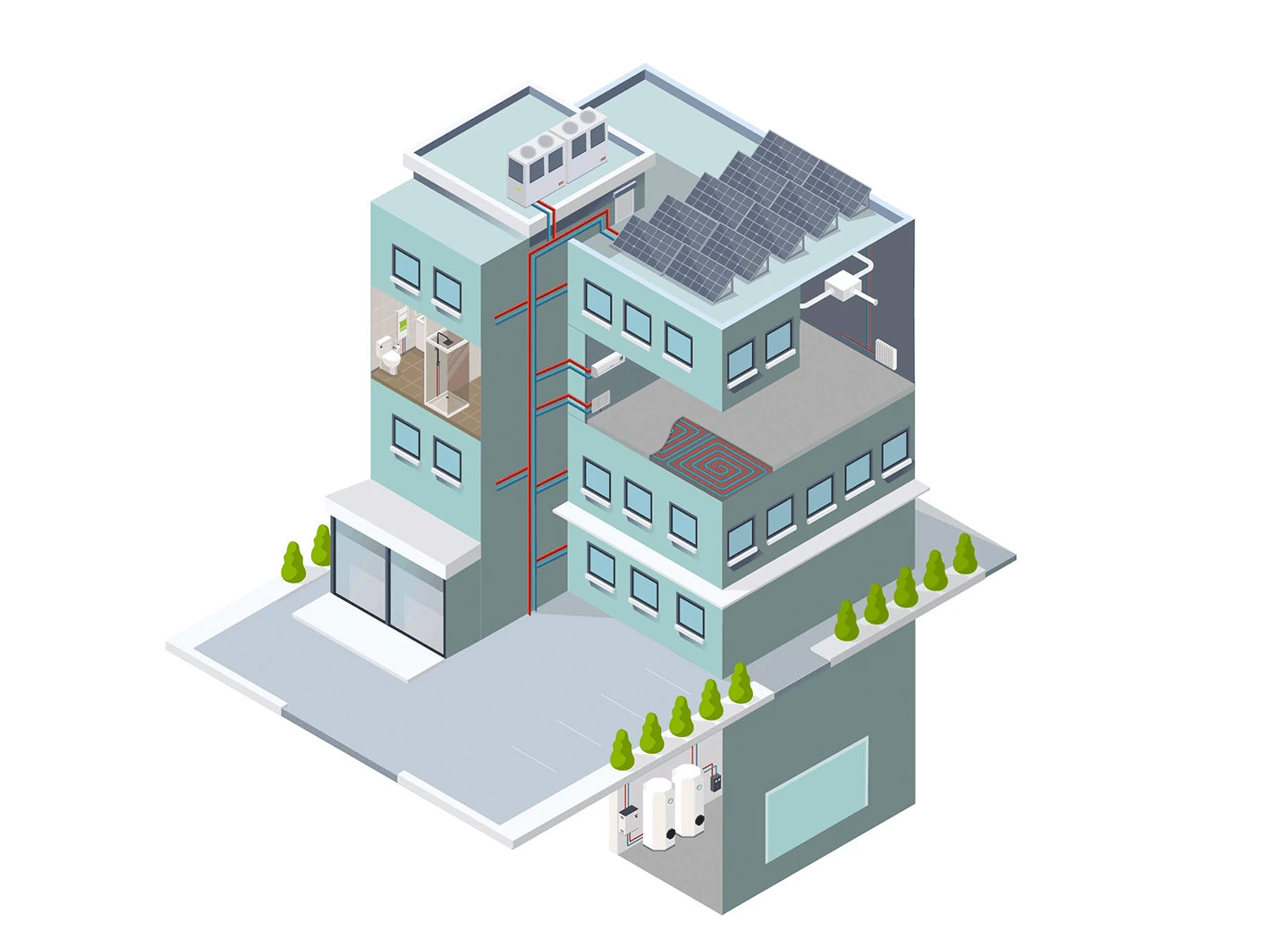 Ilustración técnica de un edificio equipado con aerotermia y energía solar, mostrando paneles fotovoltaicos, unidad de climatización en cubierta, depósitos de agua caliente y la red de distribución térmica en el interior del inmueble.