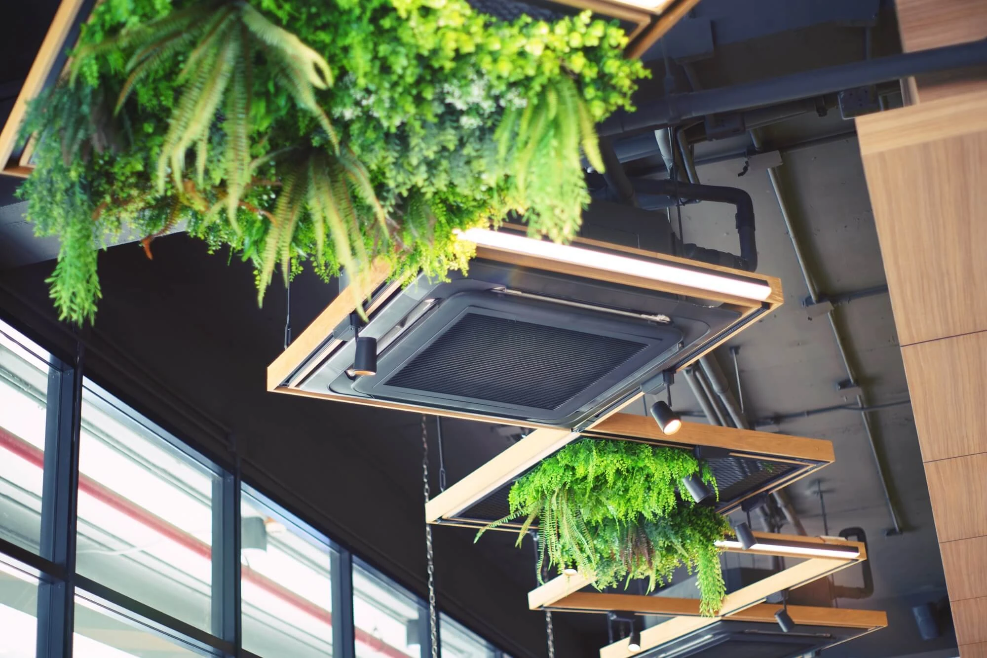 Sistema de climatización de cassette integrado en el techo de un espacio comercial o de oficinas, rodeado de jardines colgantes y elementos decorativos vegetales.