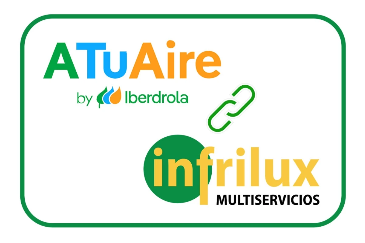Imagen corporativa que muestra los logotipos de ATuAire by Iberdrola e Infrilux Multiservicios unidos por un icono de enlace, representando una colaboración o alianza entre ambas entidades.