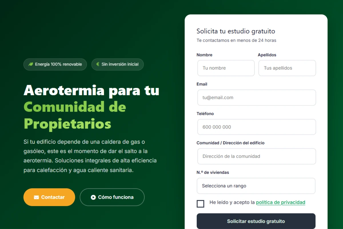 Página web promocional sobre soluciones de aerotermia para comunidades de propietarios, con información sobre eficiencia energética y un formulario para solicitar un estudio gratuito del edificio.