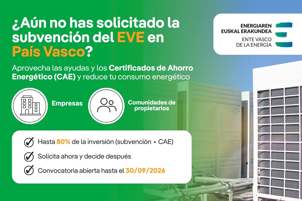 Banner promocional sobre ayudas a la eficiencia energética en el País Vasco, que informa sobre las subvenciones del EVE y los Certificados de Ahorro Energético (CAE). Incluye beneficios para empresas y comunidades de propietarios, junto a la imagen de equipos de climatización industrial.