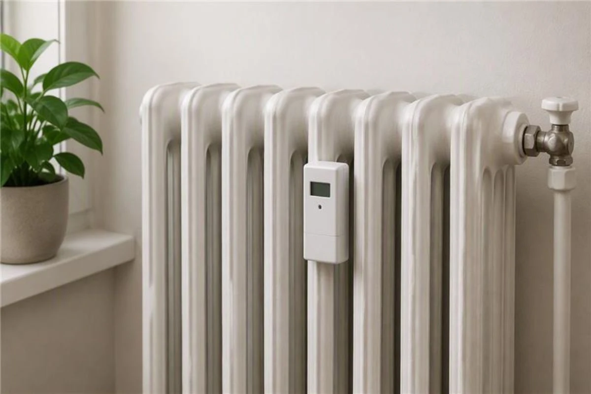 Radiador doméstico de color blanco instalado junto a una ventana, equipado con un dispositivo electrónico de medición o control de consumo energético. Una planta en maceta se encuentra sobre el alféizar cercano.