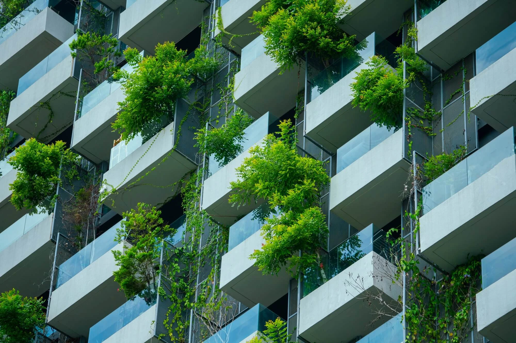 Fachada de un edificio residencial moderno con balcones ajardinados, árboles y vegetación integrada en las terrazas, representando un diseño arquitectónico sostenible y orientado a la eficiencia ambiental.